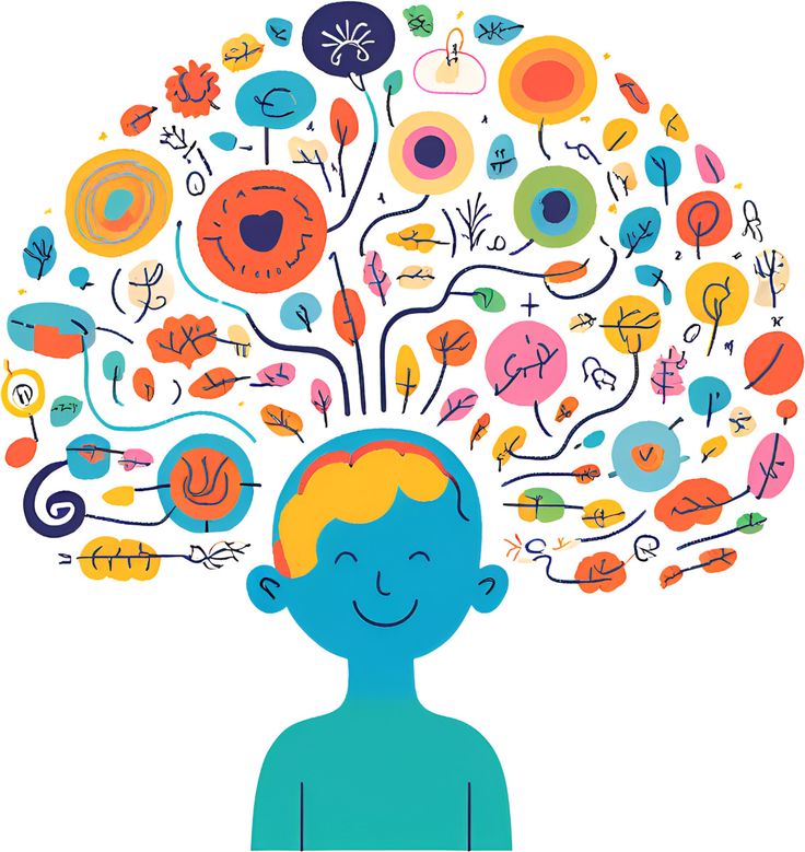 A playful, relaxing illustration of a friendly brain surrounded by soft geometric shapes